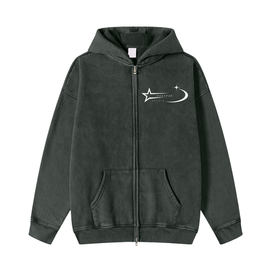 Snow Washed Zip-Through Fleece Hoodie