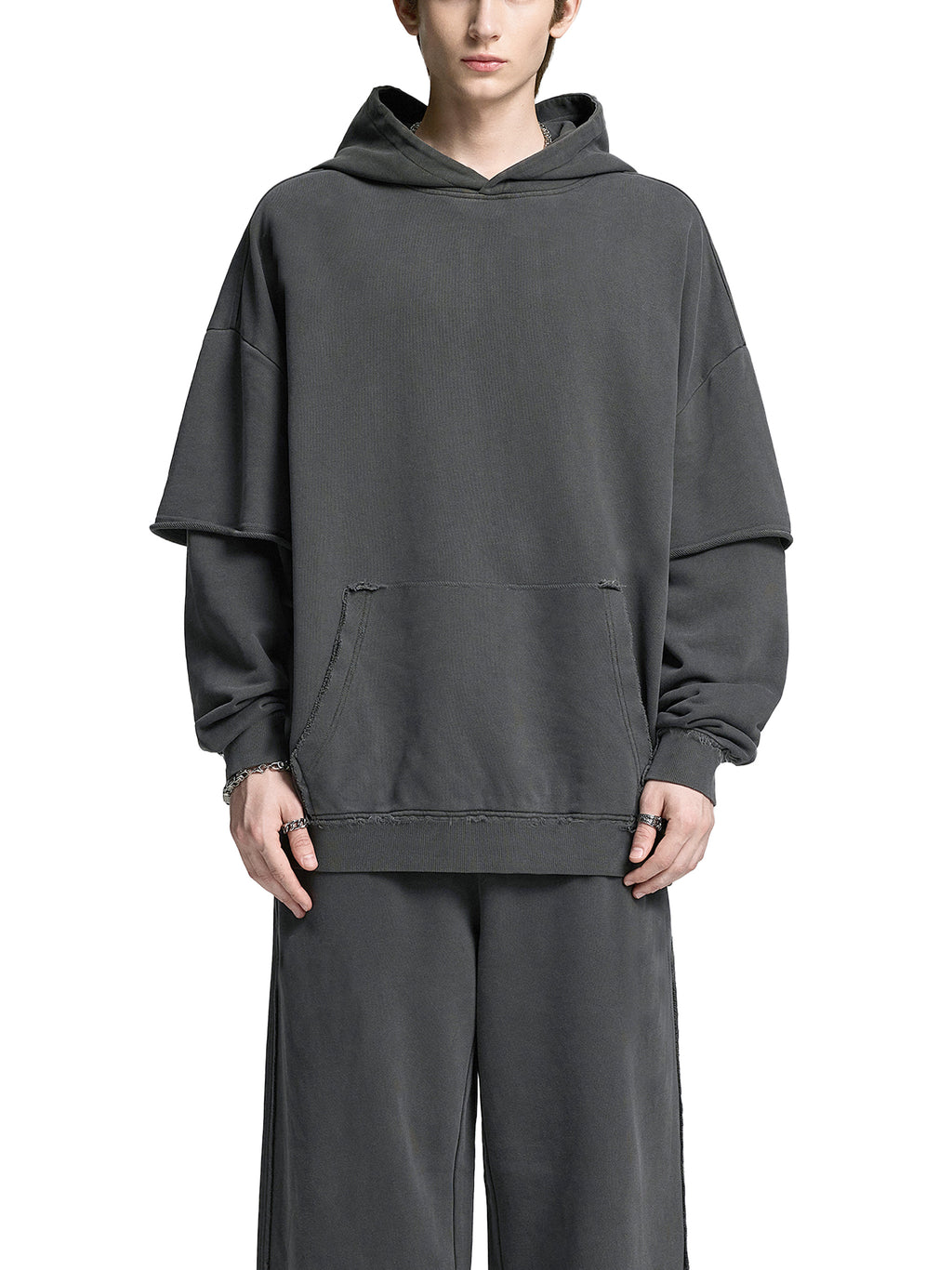 Snow Washed Raw Edge Double Layered Hoodie