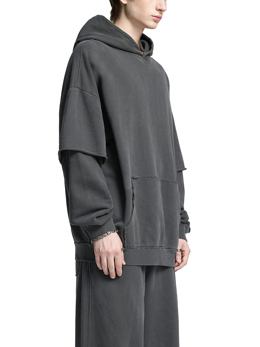 Snow Washed Raw Edge Double Layered Hoodie