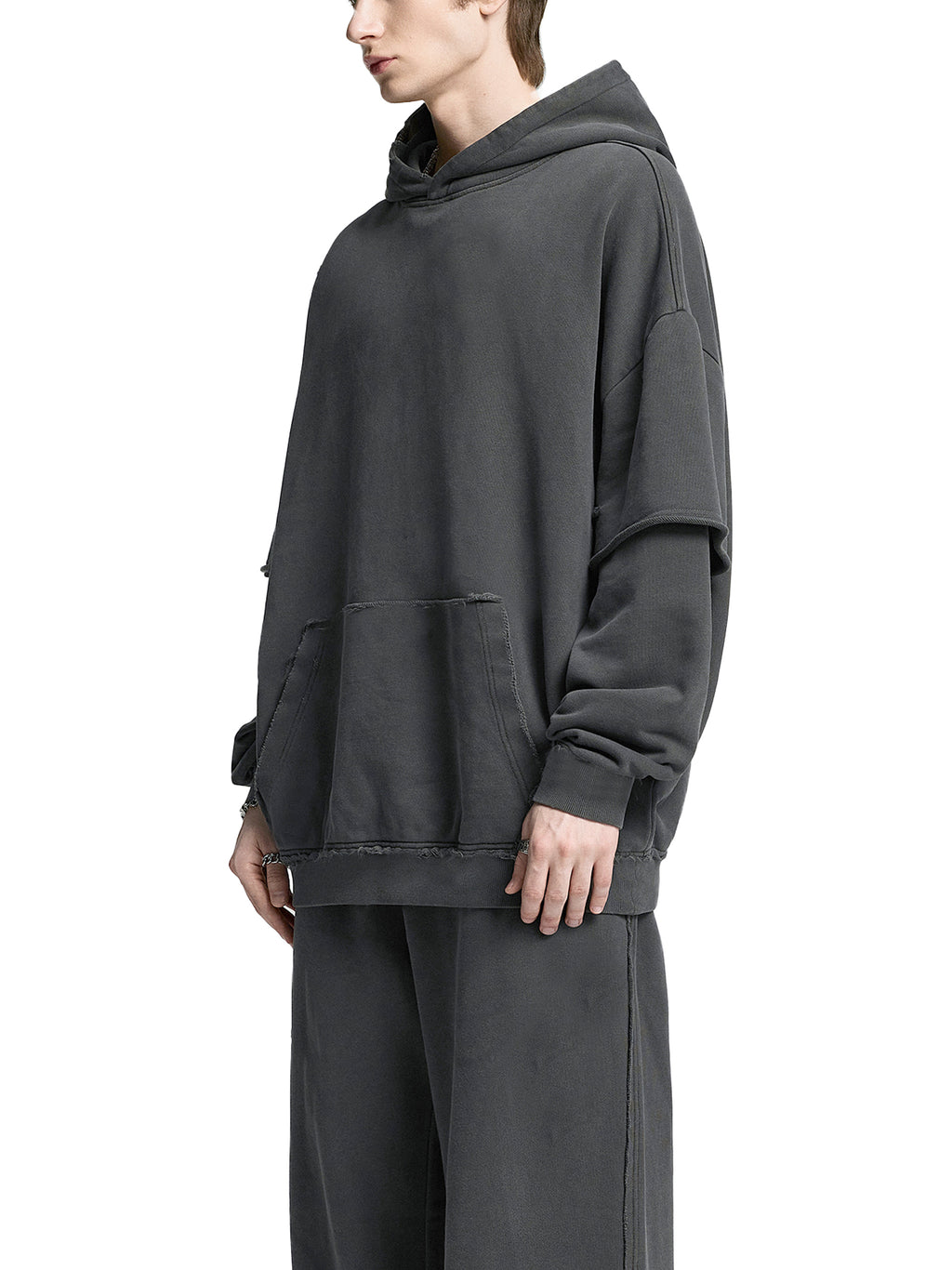 Snow Washed Raw Edge Double Layered Hoodie