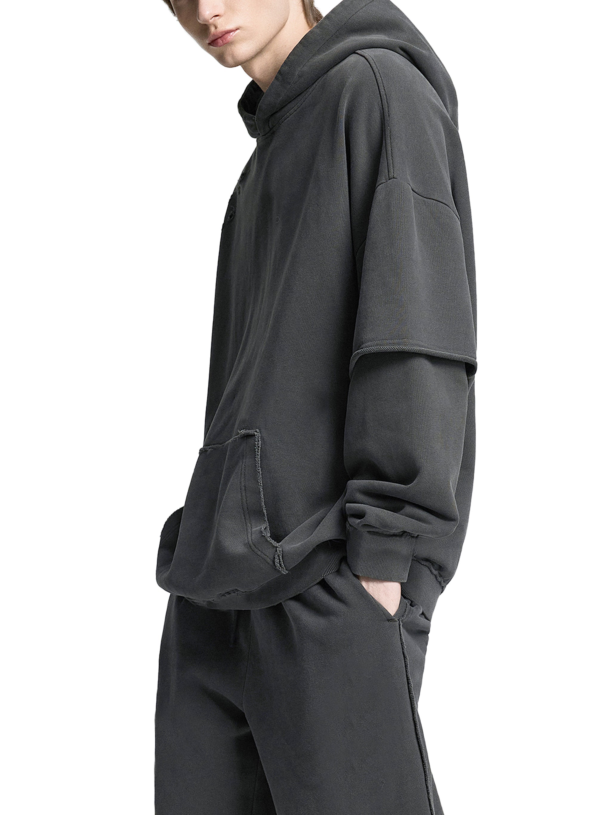Snow Washed Raw Edge Double Layered Hoodie